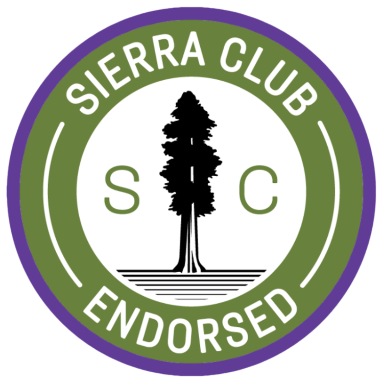 Sierra Club Endorsed seal with a redwood tree in a purple circle badge