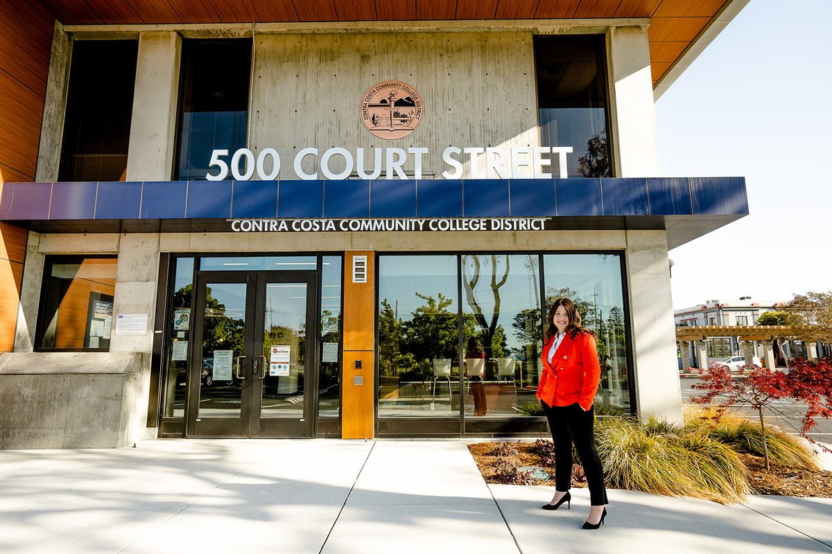 Rebecca Barrett outside the Contra Costa Community College District office at 500 Court Street in Martinez