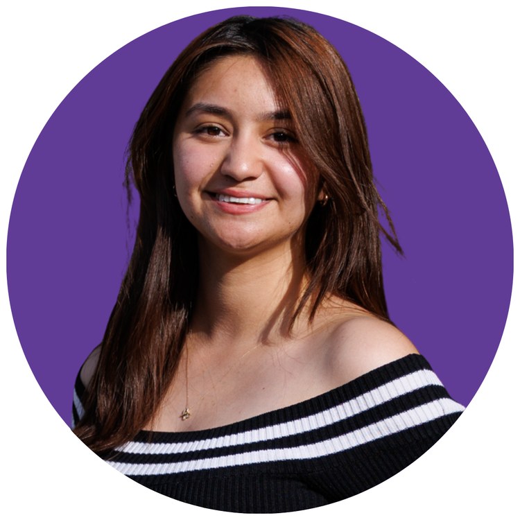 Guadalupe Lopez Villegas smiling, in a purple circle portrait